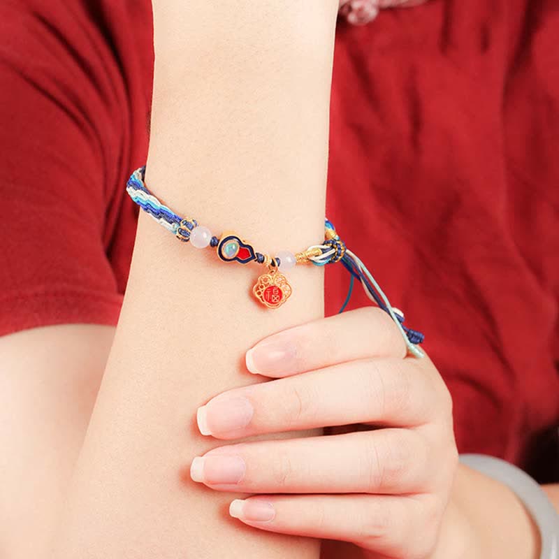 Pulsera de nudo de reencarnación con cuerda de bendición de calabaza hecha a mano de plata de ley 925