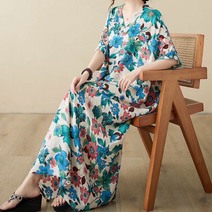 Vestido midi con flores rojas, azules y verdes de Buddha Stones Vestido de media manga de algodón con bolsillos