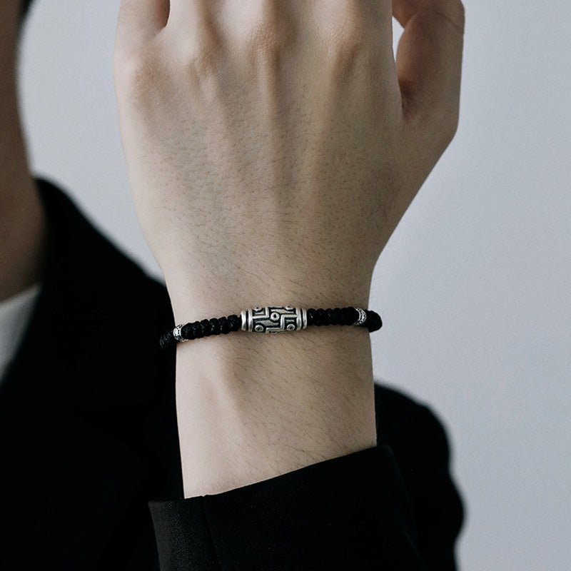 Pulsera de cuerda de bendición con patrón de cuentas Dzi de nueve ojos de plata de ley 999 con Buddha Stones