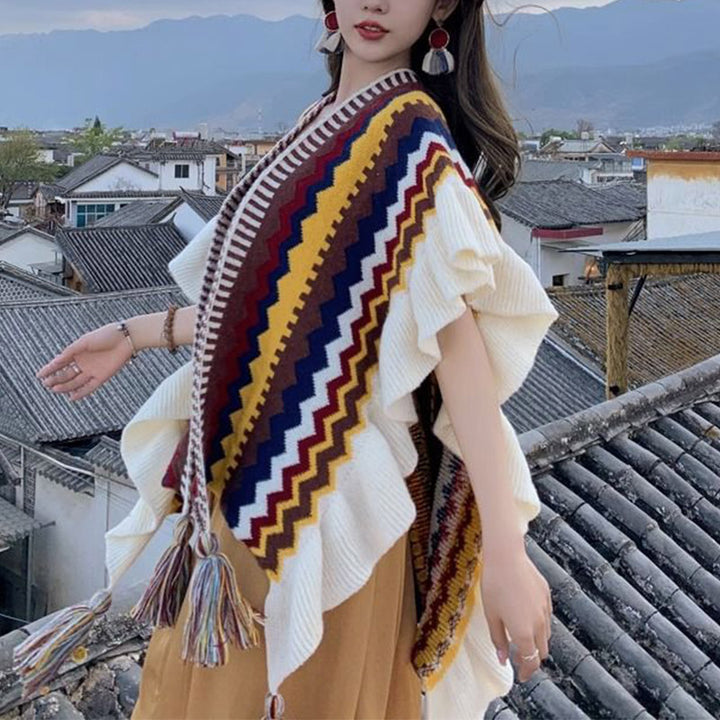 Mantón tibetano de Buddha Stones, bufanda de viaje acogedora de invierno con borlas de línea ondulada a rayas coloridas