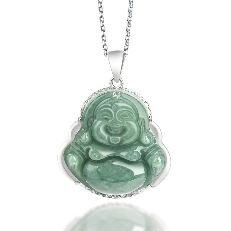 Collar con colgante de cadena de jade de Buda sonriente de plata de ley 925 con Buddha Stones - Jade (Prosperidad ♥ Abundancia) - image 1