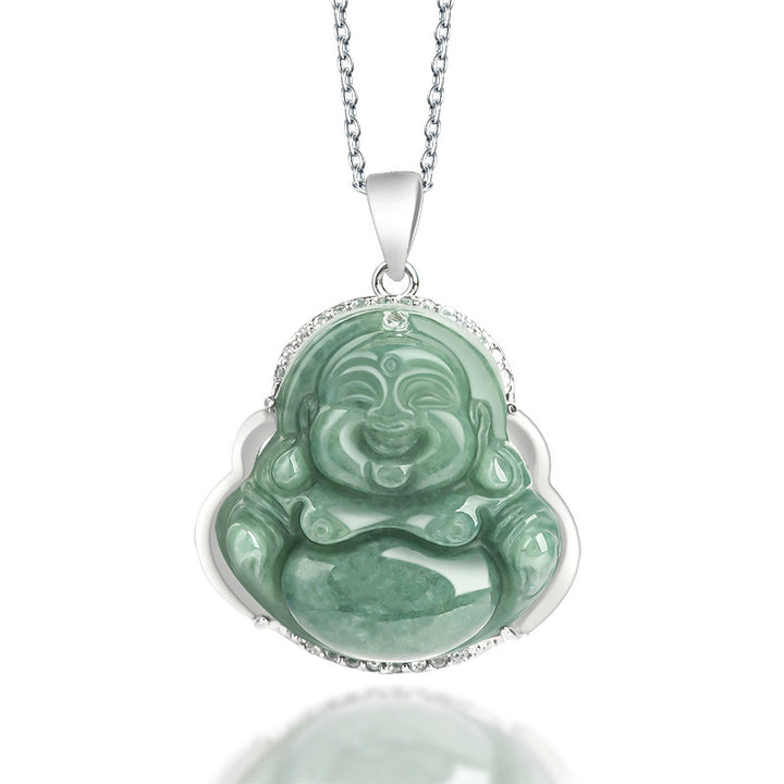 Collar con colgante de cadena de jade de Buda sonriente de plata de ley 925 con Buddha Stones - Jade (Prosperidad ♥ Abundancia) - image 1