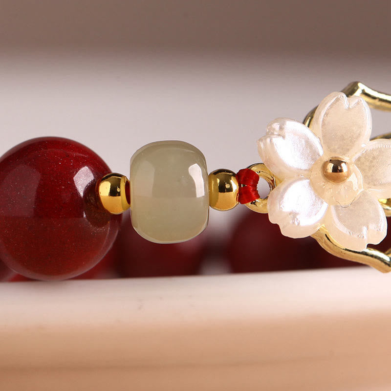 Pulsera de bendición de flores de piedra Tridacna con cuentas de jade cinabrio Natural de Buddha Stones