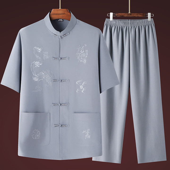 Traje Tang de Buddha Stones Hanfu dragón chino uniforme de kungfú tradicional camisetas y pantalones de manga corta conjunto de ropa para hombre - Gris claro - US/UK/AU44, EU54 (4XL) - image 6