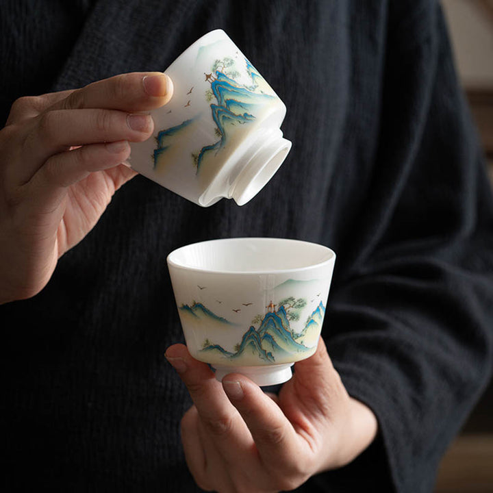 Taza de té de cerámica con Buddha Stones, flor de loto, hoja, montaña, pabellón, alce, peonía, taza de té de Kung Fu