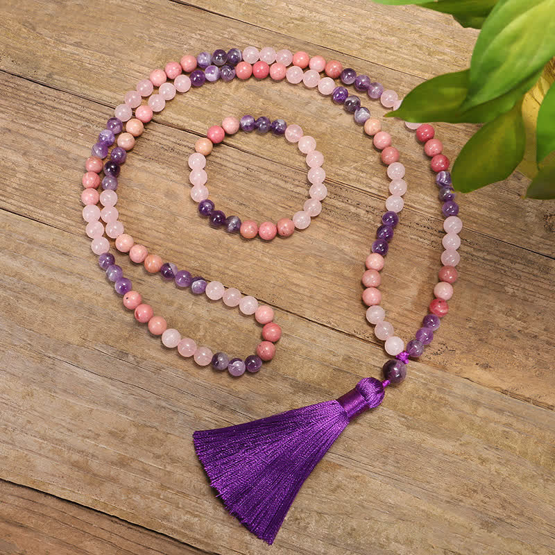Pulsera de borlas curativas espirituales con Buddha Stones, 108 cuentas Mala, amatista, cuarzo rosa