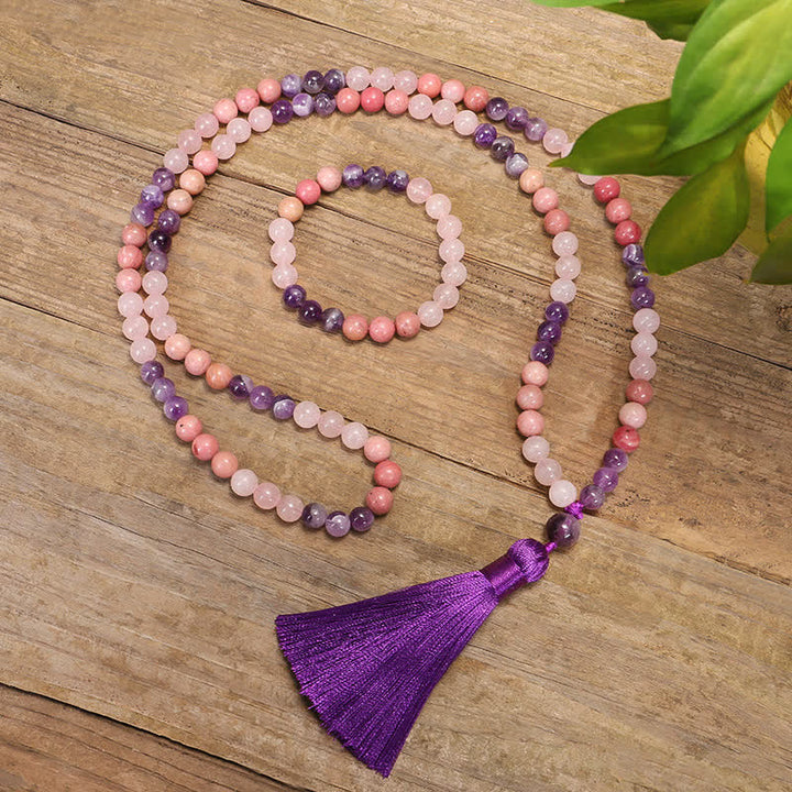 Pulsera de borlas curativas espirituales con Buddha Stones, 108 cuentas Mala, amatista, cuarzo rosa