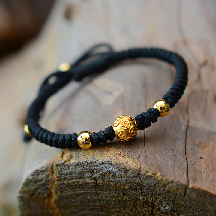 Pulsera de pareja de cuerda de fuerza de la suerte con moneda de cobre Om Mani Padme Hum de plata de ley 999 con Buddha Stones