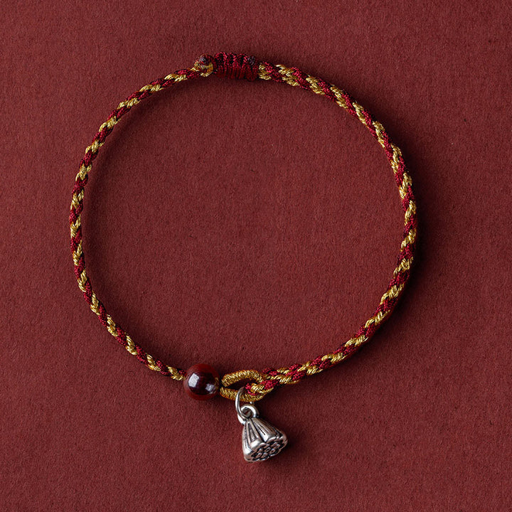 Pulsera trenzada con dije de paz y alegría de loto de cuerda de oro rojo hecha a mano con Buddha Stones