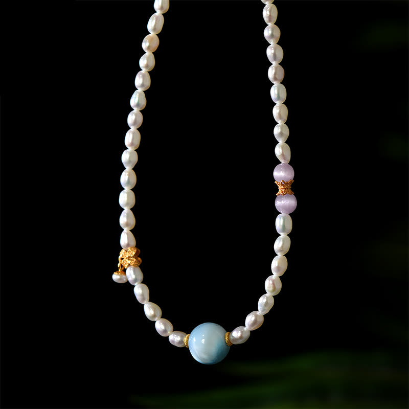 Colgante de collar de sinceridad de Larimar con perlas naturales de plata de ley 925 con Buddha Stones
