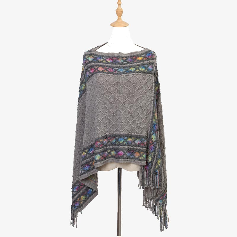 Buddha Stones Tibetano Colorido Patrón de rombos a rayas Mantón Borlas Jersey Invierno Acogedor Bufanda de viaje Abrigo