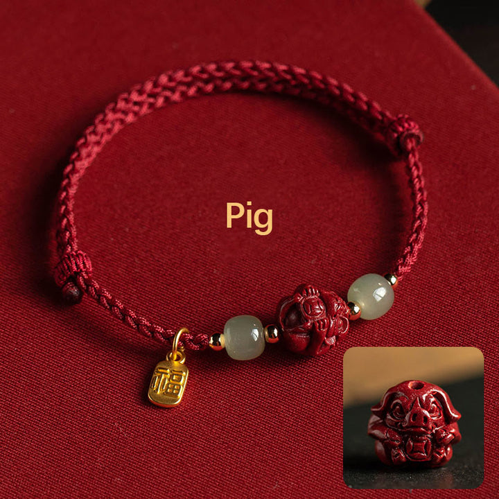 Pulsera de cuerda de la suerte con carácter de Jade Hetian del zodíaco chino cinabrio Natural de Buddha Stones