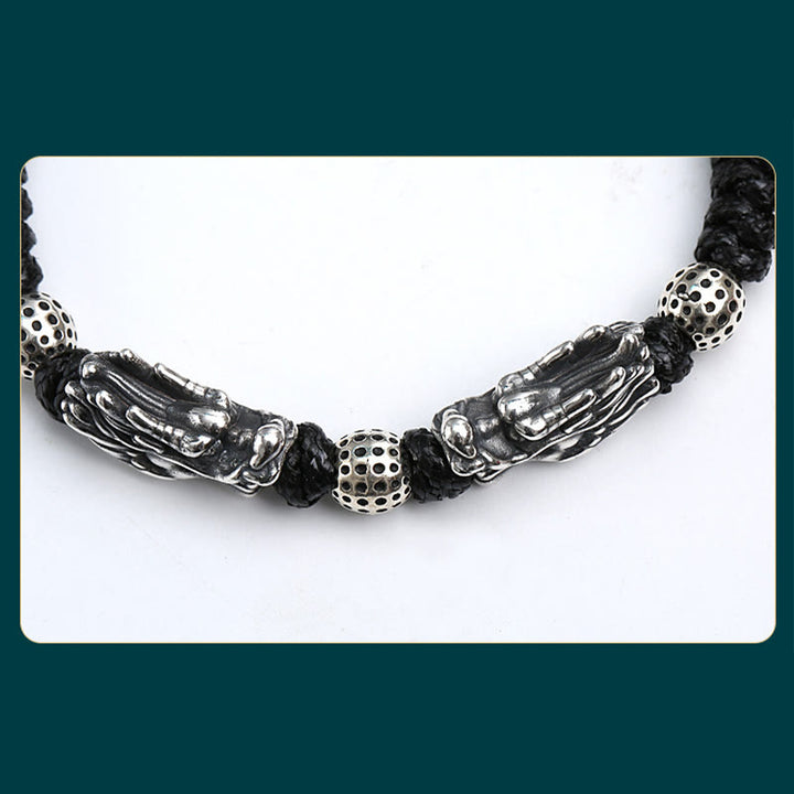 Pulsera trenzada hecha a mano con doble suerte de dragón de plata de ley 999 con Buddha Stones