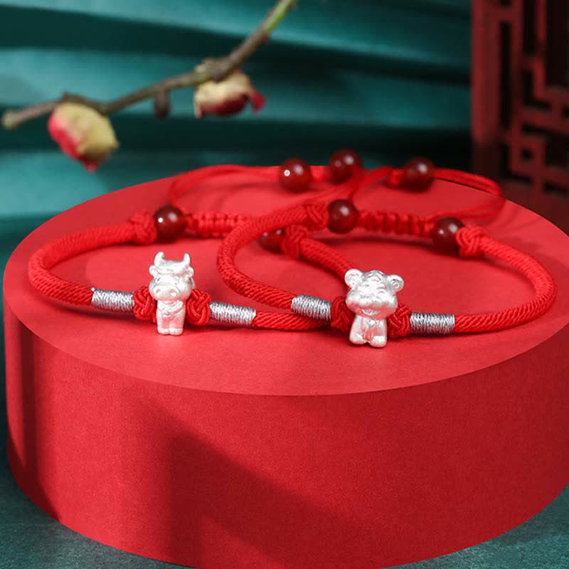 Pulsera de hilo rojo de la fuerza de la suerte del zodíaco chino de plata de ley 999 con Buddha Stones