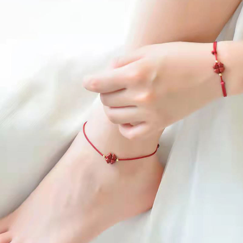 Pulsera tobillera con Buddha Stones, cinabrio Natural, trébol de cuatro hojas, bendición, hilo rojo