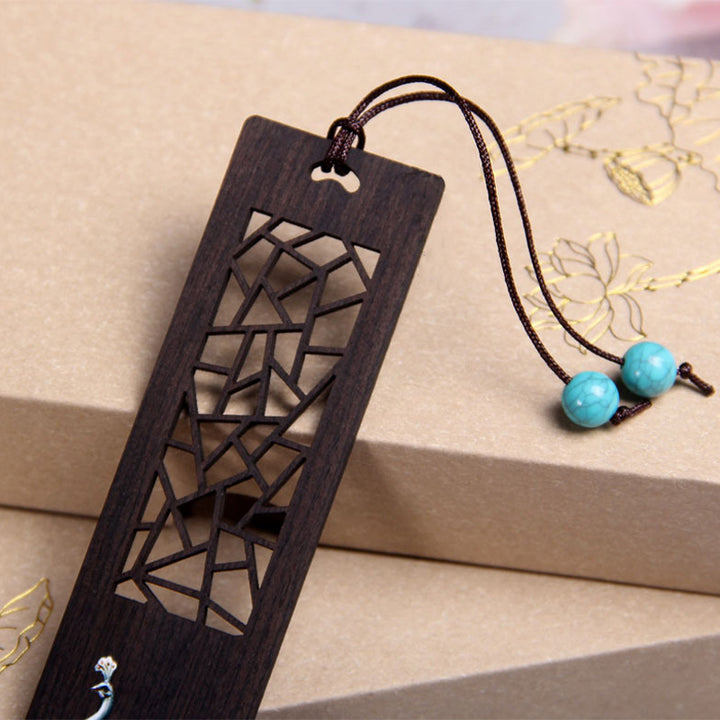 Marcadores de libros de madera de ébano y pavo real azul con Buddha Stones y caja de regalo