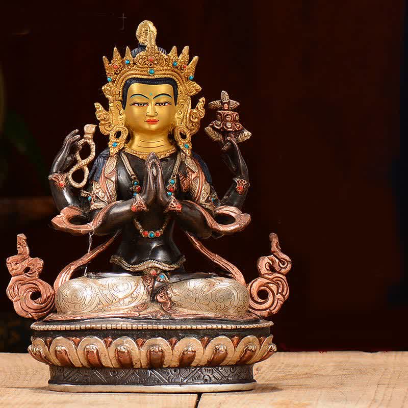 Decoración de estatua de cobre de protección Avalokitesvara de cuatro brazos Bodhisattva Chenrezig
