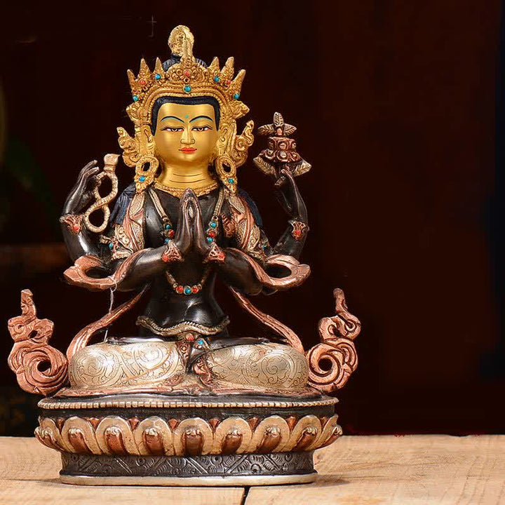 Decoración de estatua de cobre de protección Avalokitesvara de cuatro brazos Bodhisattva Chenrezig