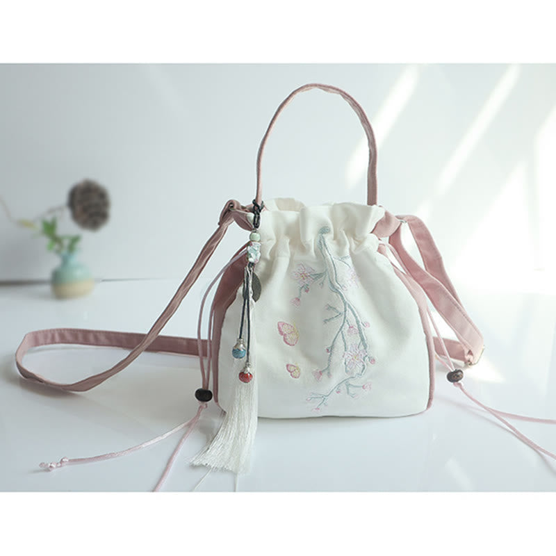 Bolso de hombro de lona con flores bordadas hechas a mano con Buddha Stones