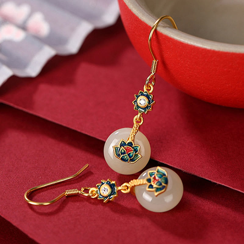 Juego de pendientes de anillo de la suerte de loto de jade hetiano chapado en plata de ley 925 con Buddha Stones