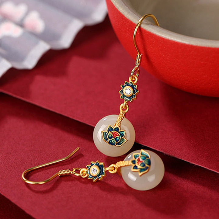 Juego de pendientes de anillo de la suerte de loto de jade hetiano chapado en plata de ley 925 con Buddha Stones