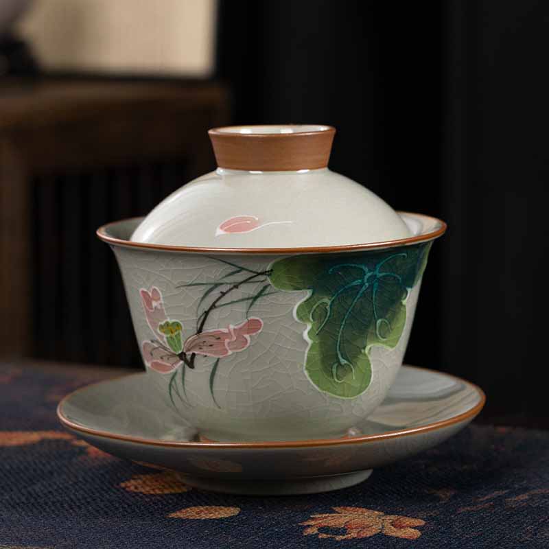 Buddha Stones, loto, pez Koi, hoja de vaina, taza de té de cerámica Gaiwan Sancai, taza de té de Kung Fu y platillo con tapa, 140ml