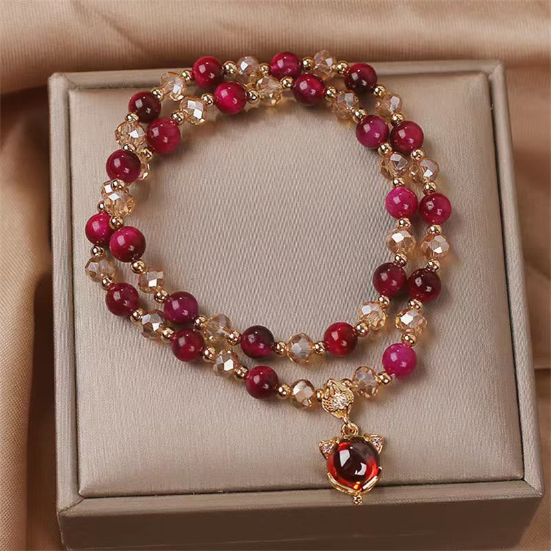 Pulsera de doble vuelta con protección de zorro y ojo de tigre rojo con Buddha Stones
