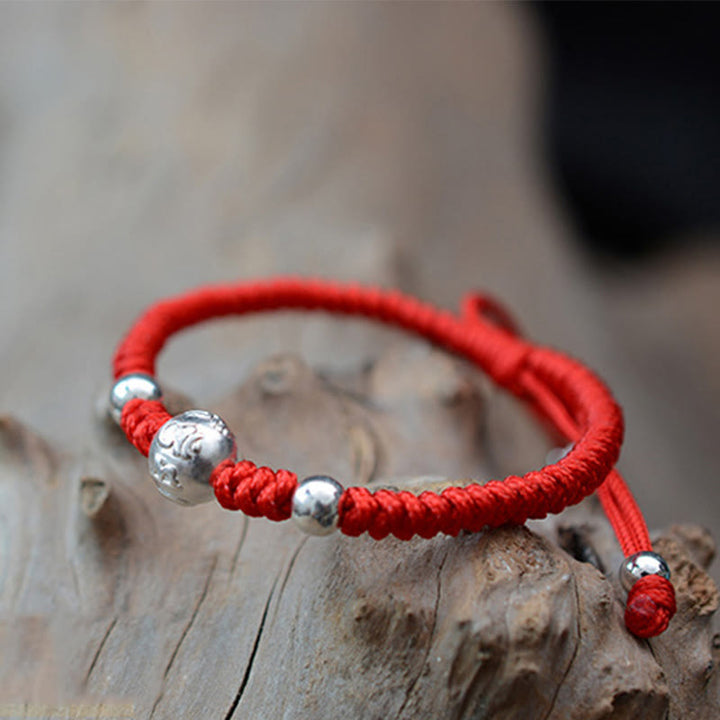 Pulsera de pareja de cuerda de fuerza de la suerte con moneda de cobre Om Mani Padme Hum de plata de ley 999 con Buddha Stones