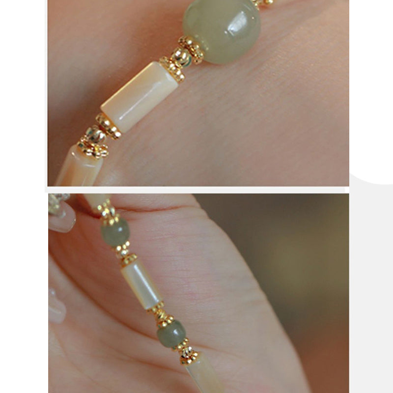 Pulsera con patrón de bambú con cuentas de jade hetiano de piedra Tridacna chapada en oro de 14 quilates con Buddha Stones