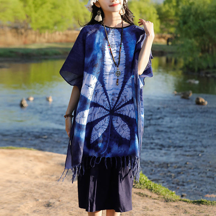 Jersey de viaje acogedor con borlas y chal de Batik azul con Buddha Stones , 95x90cm