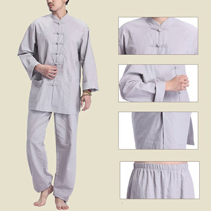 Conjunto de ropa de yoga para hombre con diseño de botón de rana china y Buddha Stones, de lino y algodón para meditación y oración - image 4