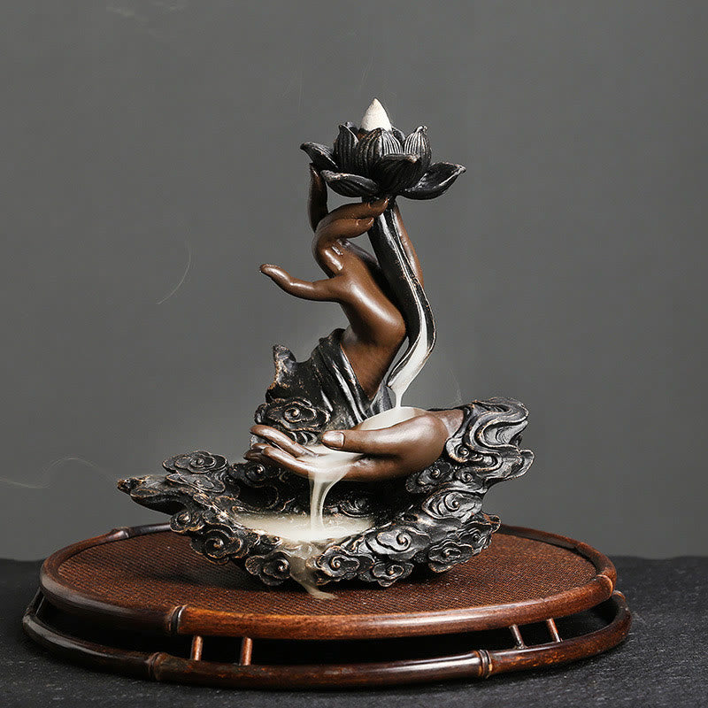 Quemador de incienso de reflujo de resina para meditación, diseño de nubes propicias, mano de Buda de loto, Buddha Stones