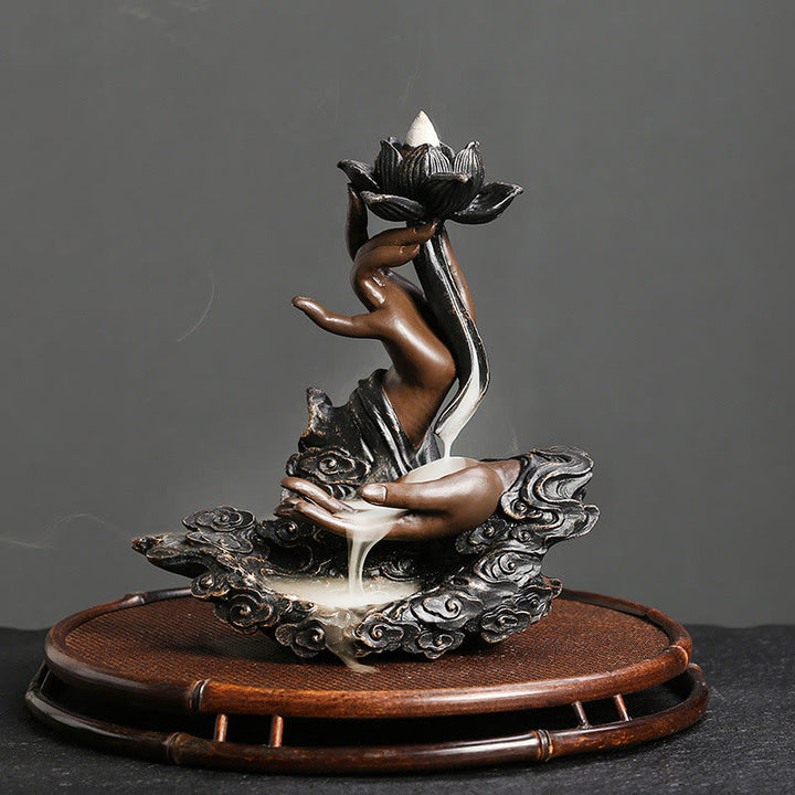 Quemador de incienso de reflujo de resina para meditación, diseño de nubes propicias, mano de Buda de loto, Buddha Stones