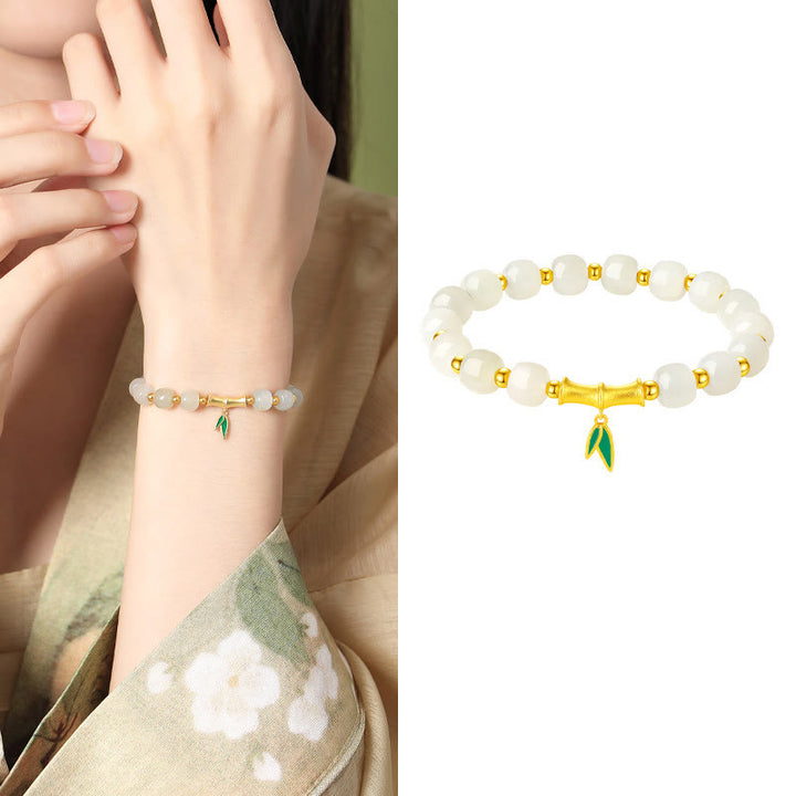 Pulsera de la suerte de bambú de jade blanco hetiano de plata de ley 925 con Buddha Stones