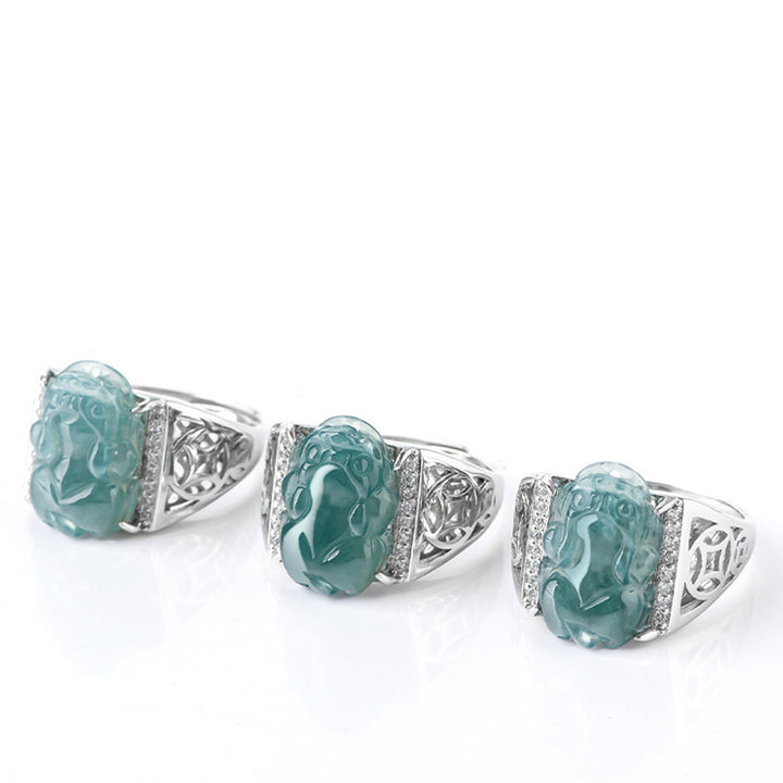 Buddha Stones Plata de Ley 925 Fengshui Riqueza Prosperidad Jade PiXiu Anillo de Suerte