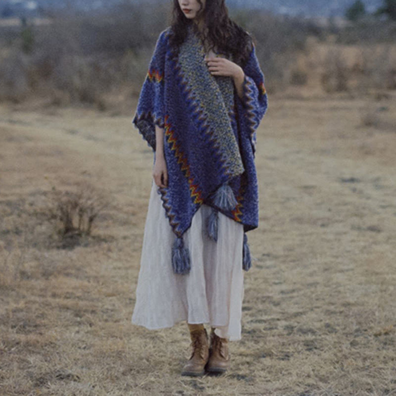 Mantón tibetano de Buddha Stones, capa de punto suave y cálida, bufanda tibetana con borlas de invierno