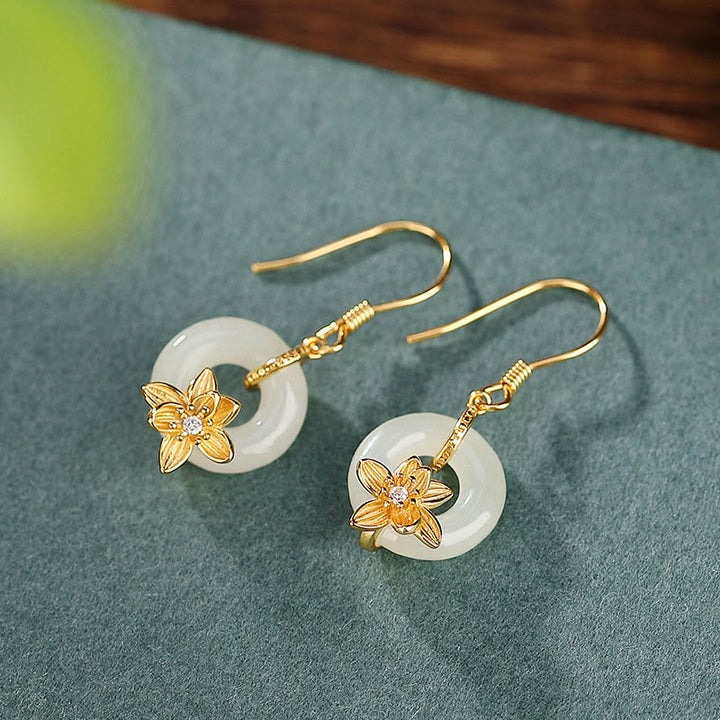 Pendientes de plata de ley 925 con Buddha Stones , jade hetiano, hebilla de la paz, orquídea y prosperidad