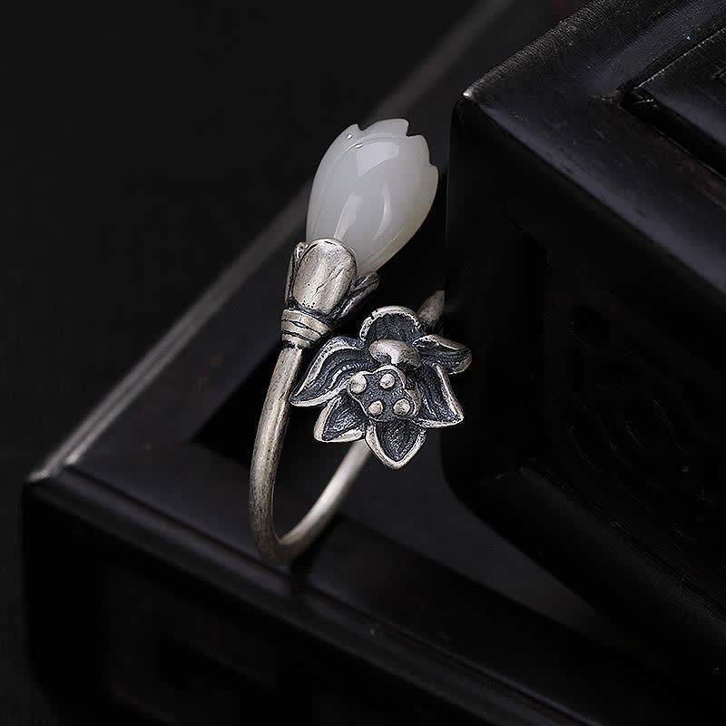 Anillo ajustable curativo con equilibrio de cobre y loto de Jade y Buddha Stones