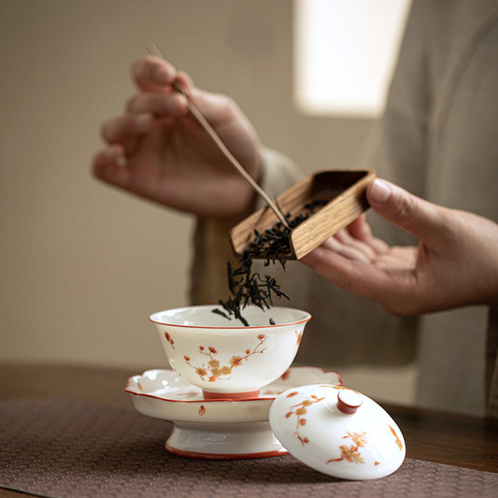 Taza de té y platillo con tapa, Gaiwan Sancai de cerámica, flores de porcelana blanca, Buddha Stones, Kung Fu