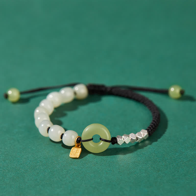 Pulsera de plata de ley 925 con hebilla de paz y jade hetiano con cuentas de suerte y felicidad