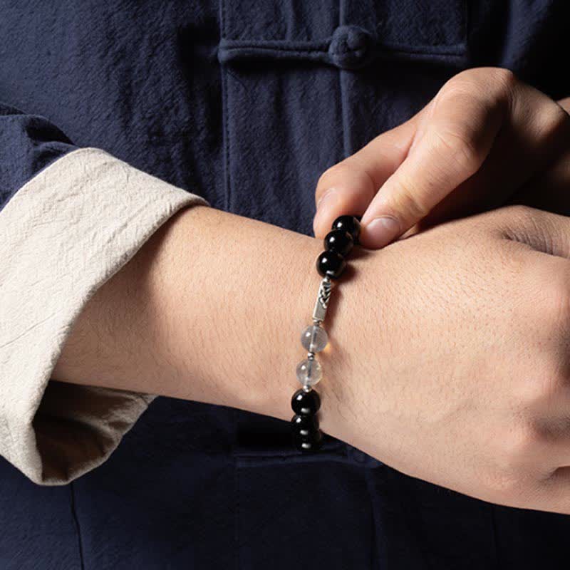 Pulsera de pareja de fuerza de piedra lunar de obsidiana de plata de ley 925 - image 8