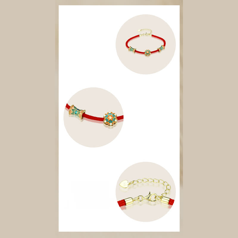 Pulsera de cuerda roja de nuevo comienzo con tambor de loto de Plata de Ley 925 de Buddha Stones Dunhuang