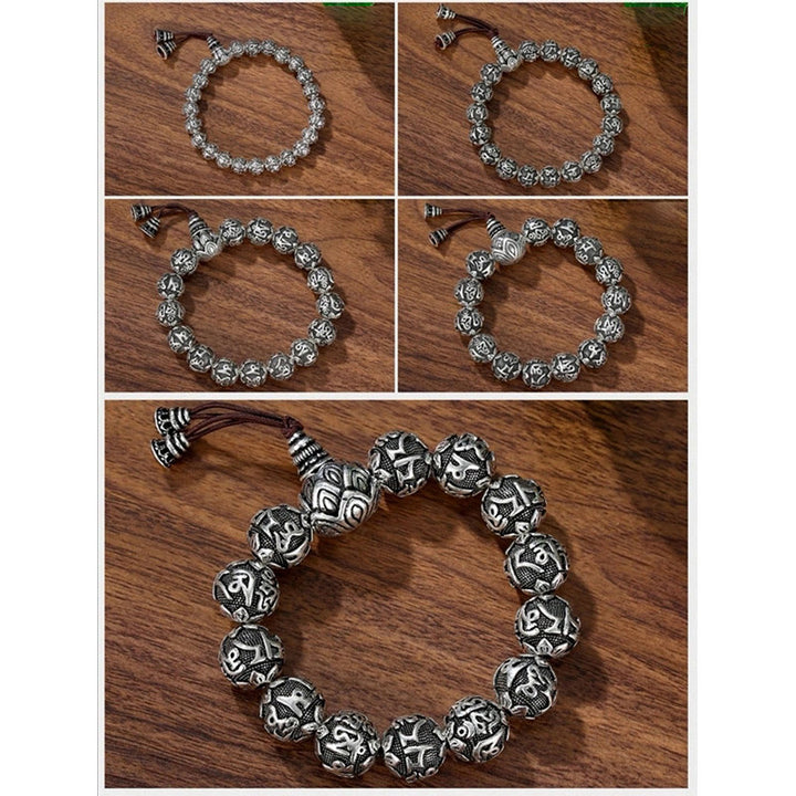 Pulsera de amuleto de cuentas de aleación talladas Om Mani Padme Hum tibetano con Buddha Stones