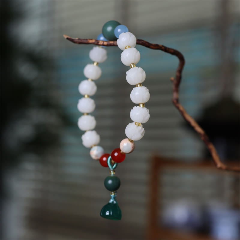 Pulsera de armonía de paz tallada con cuentas de loto y semillas de Bodhi de Buddha Stones