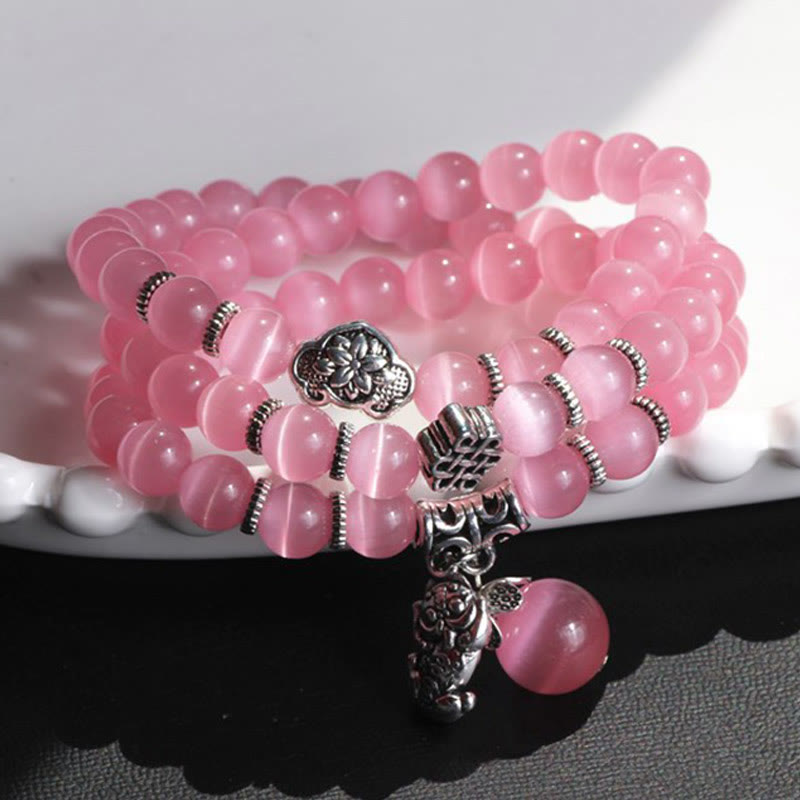 Pulsera de triple vuelta con soporte PiXiu de ojo de gato y Buddha Stones