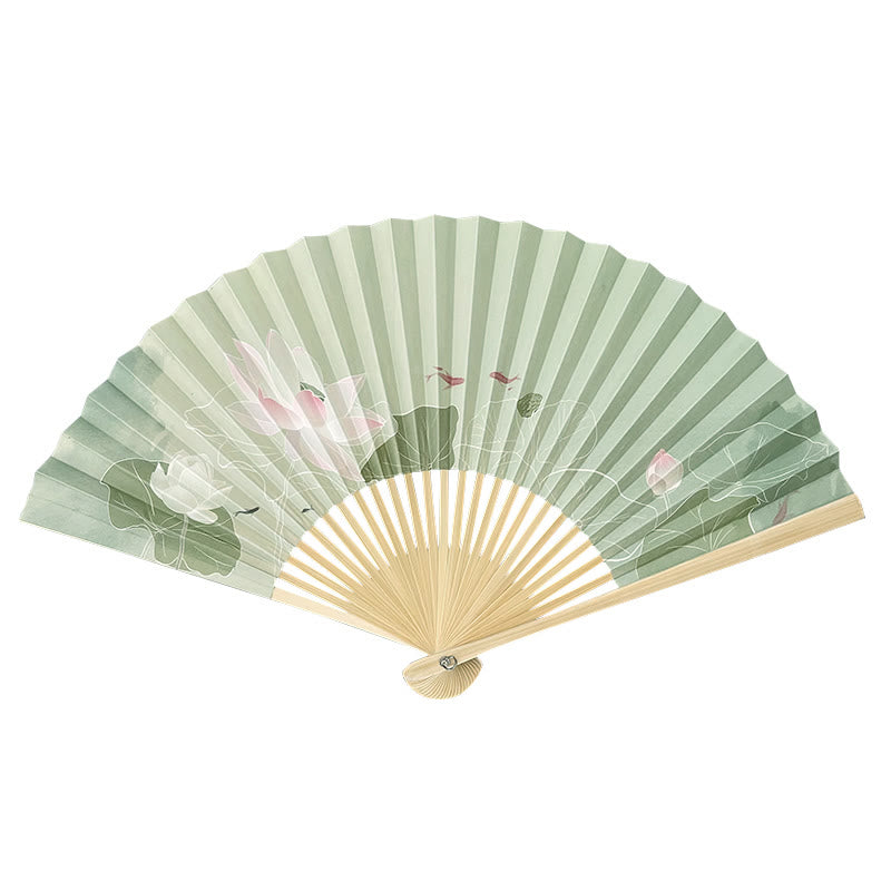 Abanico plegable de bambú con Buddha Stones, flores de loto, hojas, peces Koi, papel de mano