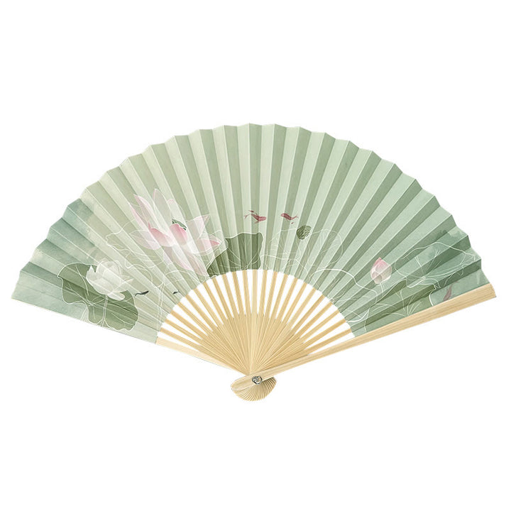 Abanico plegable de bambú con Buddha Stones, flores de loto, hojas, peces Koi, papel de mano
