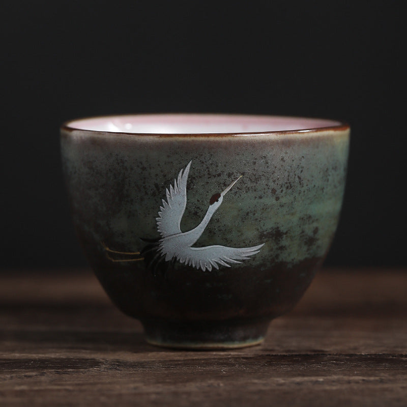Taza de té de cerámica con grulla auspiciosa de Buddha Stones , tazón de taza de té de Kung Fu