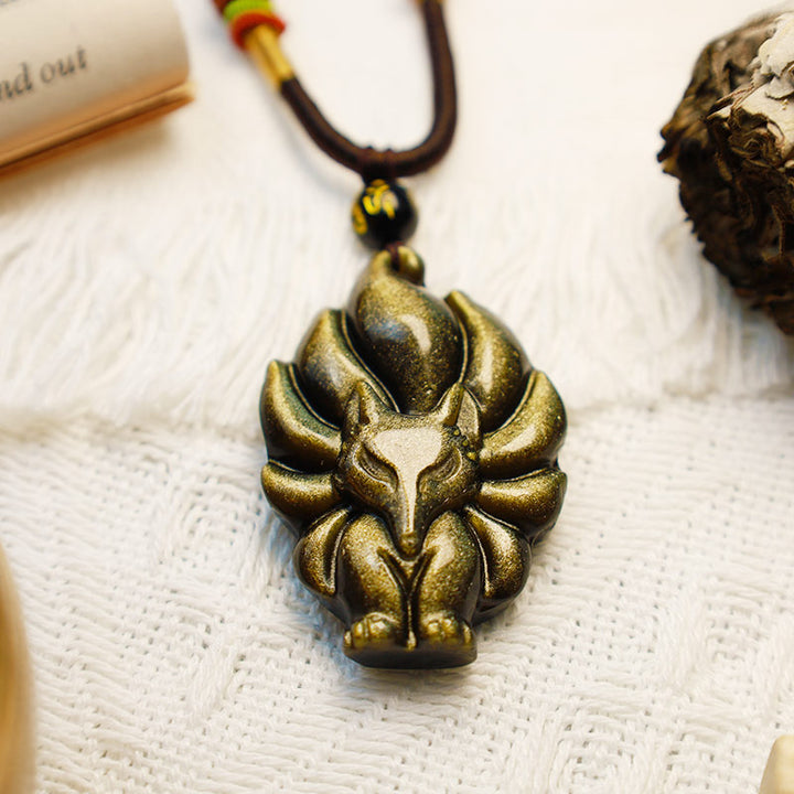 Buddha Stones, obsidiana arcoíris Natural, brillo dorado, obsidiana, zorro de nueve colas, colgante positivo
