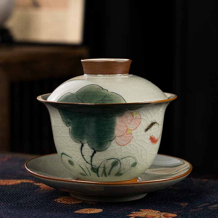 Buddha Stones, loto, pez Koi, hoja de vaina, taza de té de cerámica Gaiwan Sancai, taza de té de Kung Fu y platillo con tapa, 140ml